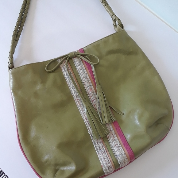 Vintage Y2K Genuine Leather Boho Green and Pink Tassel Handbag - Picture 1 of 7